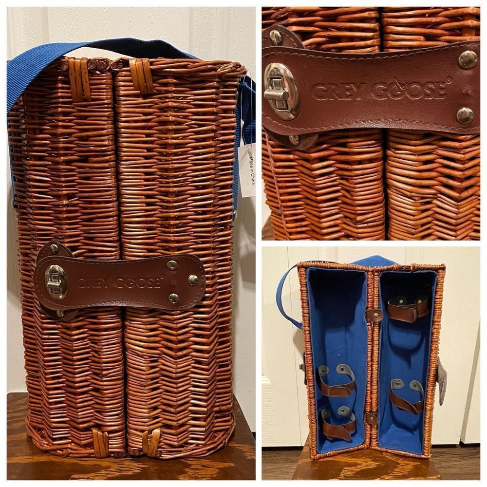 NWT Grey Goose Wicker Wine Bottle and Glass Picnic Carrier Blue Fabric Strap
